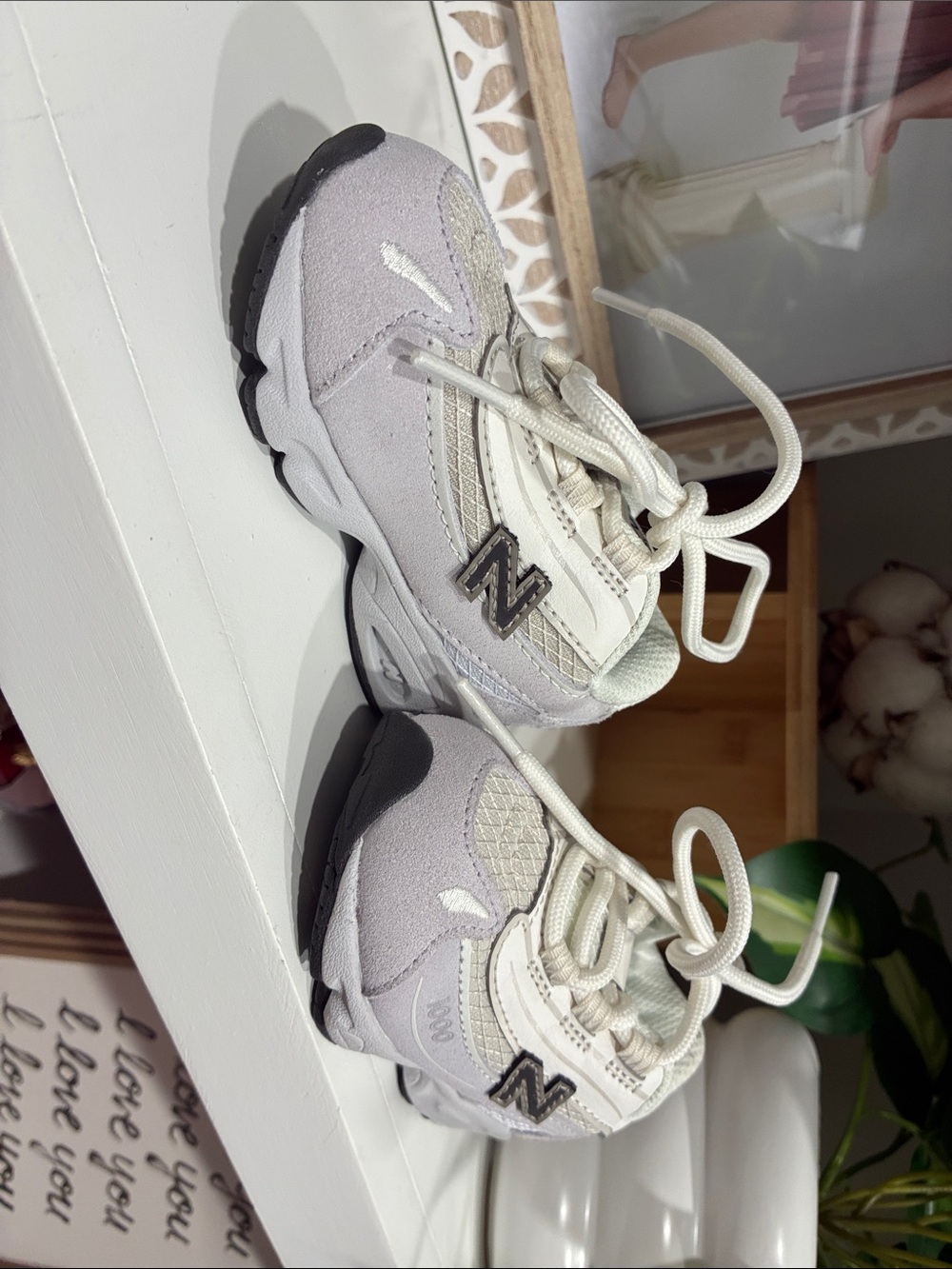 New Balance Kids Light Gray and Cream Sneakers with White Accents